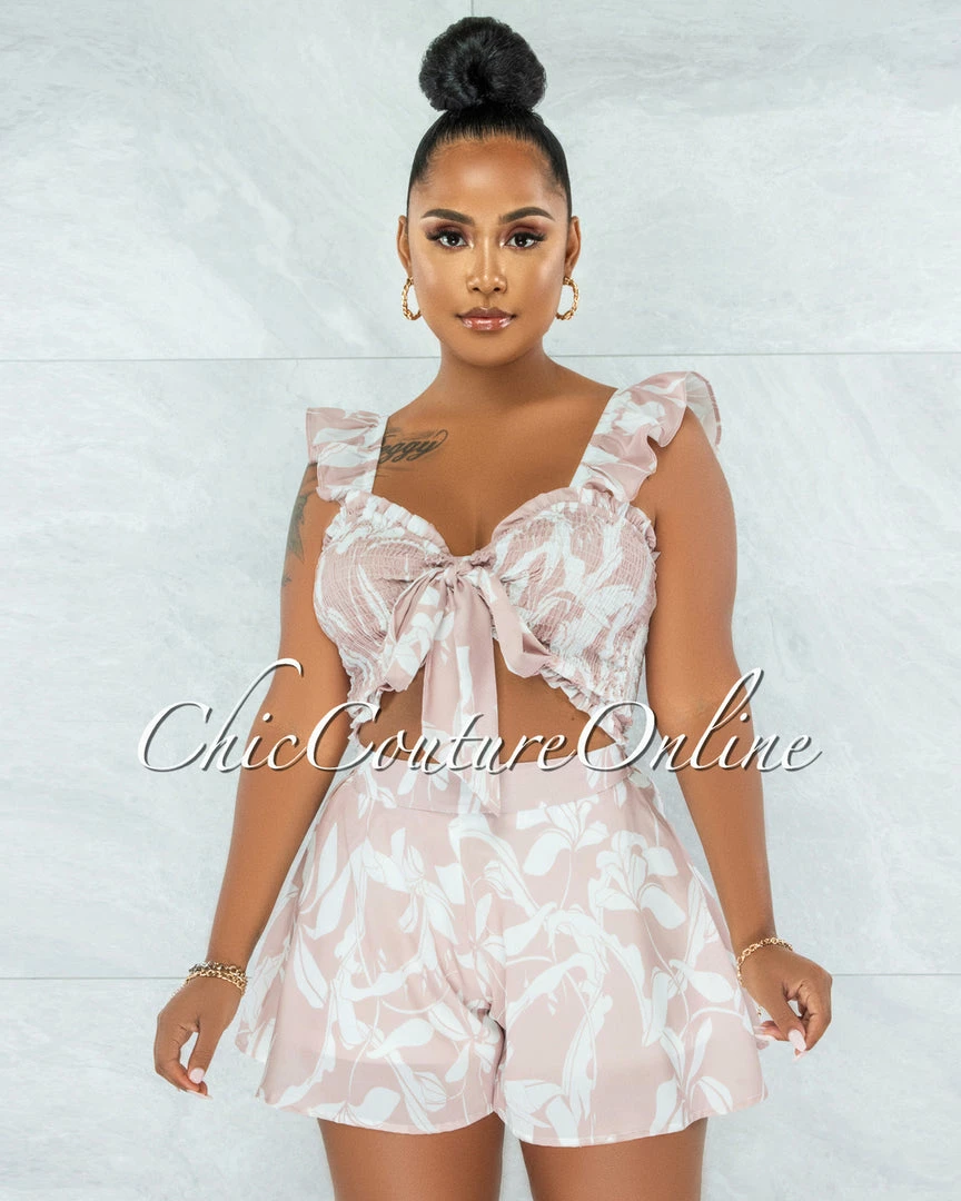 Vendor-unknown Esperanza Nude White Print Smocked Tie Top Two Piece Set