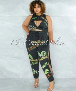 Vendor-unknown Brodie Grey Graffiti Print Crop Top And Jogger Slit Pants Set JUST IN