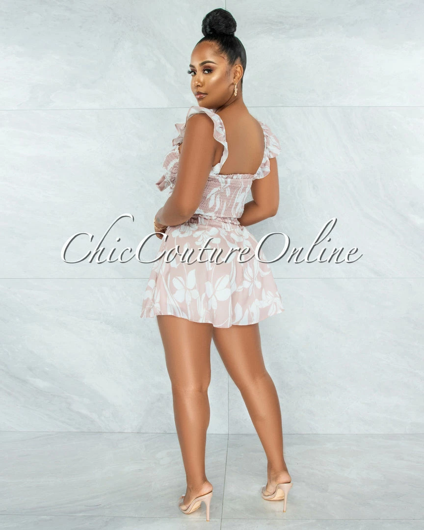 Vendor-unknown Esperanza Nude White Print Smocked Tie Top Two Piece Set