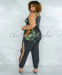 Vendor-unknown Brodie Grey Graffiti Print Crop Top And Jogger Slit Pants Set JUST IN