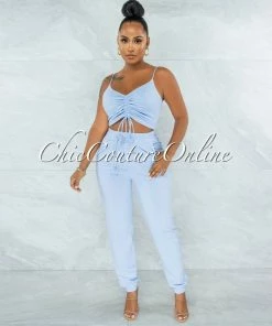 Vendor-unknown Ansley Baby Blue Ruched Crop Top & Jogger Pants Set JUST IN