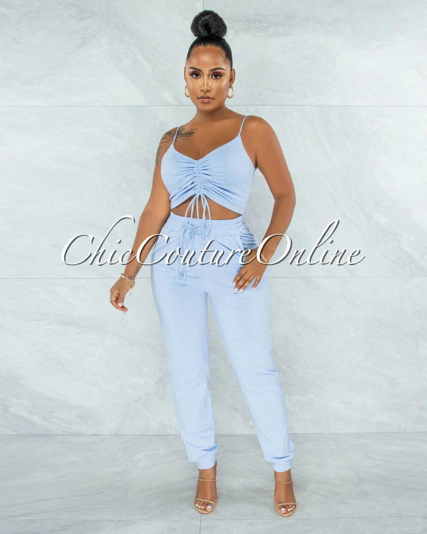 Vendor-unknown Ansley Baby Blue Ruched Crop Top & Jogger Pants Set JUST IN