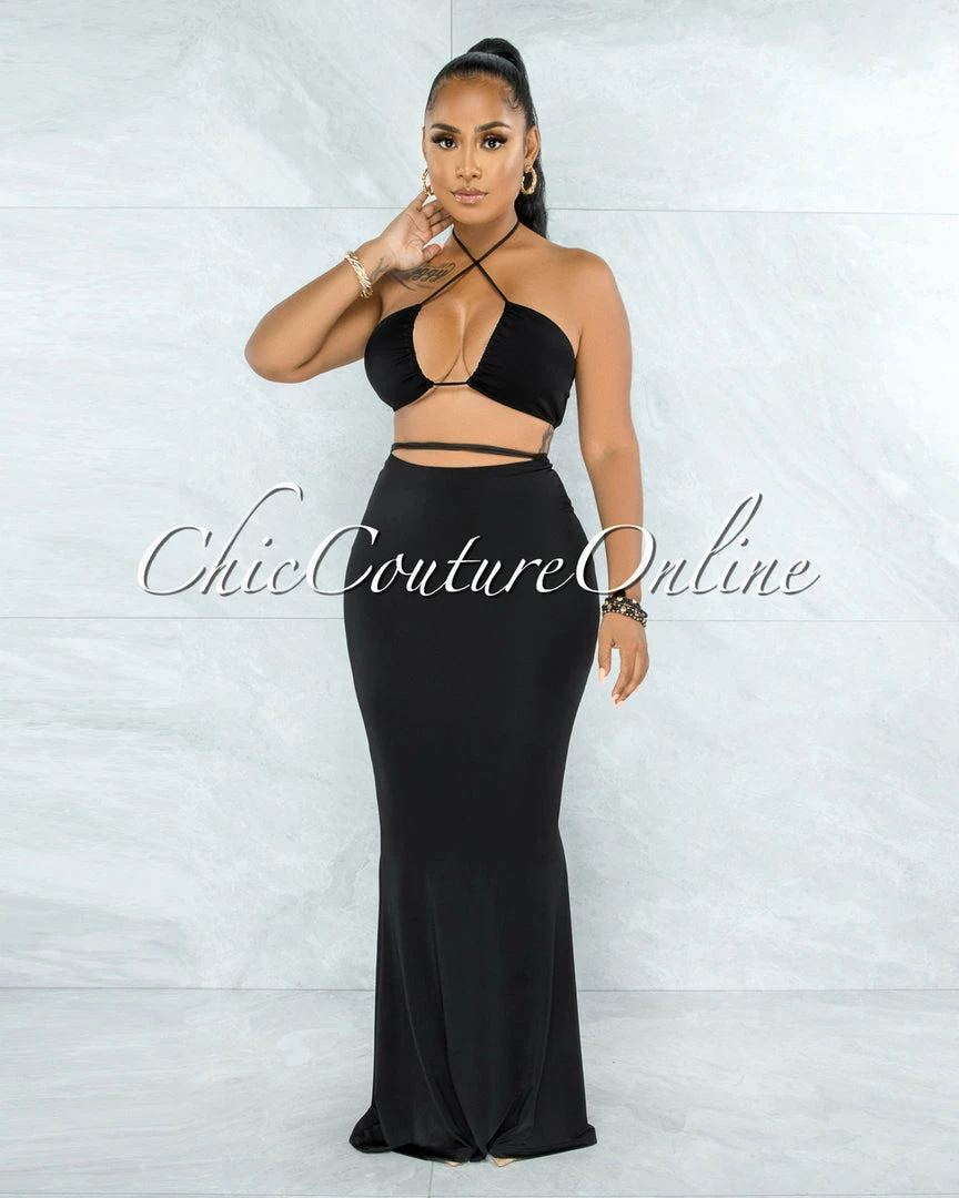 Vendor-unknown JUST IN Odelita Black Multi-Way Crop Top & Maxi Skirt Set