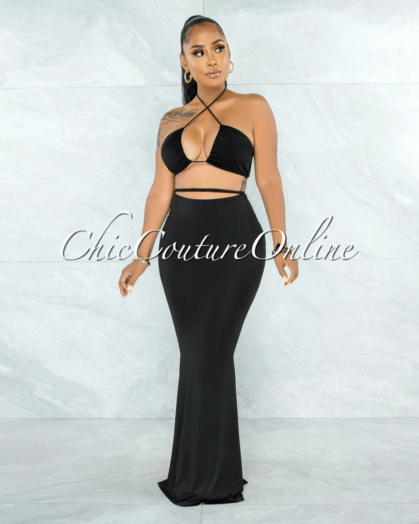 Vendor-unknown JUST IN Odelita Black Multi-Way Crop Top & Maxi Skirt Set