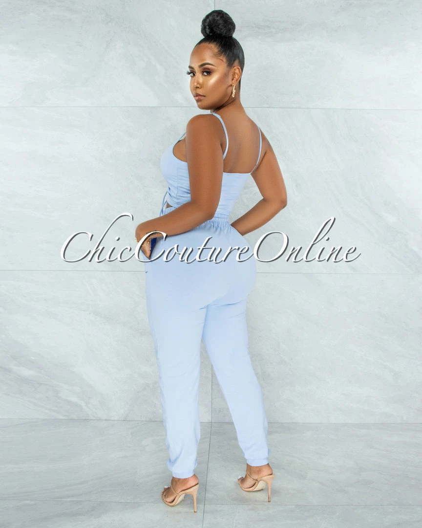 Vendor-unknown Ansley Baby Blue Ruched Crop Top & Jogger Pants Set JUST IN