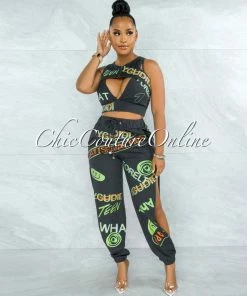 Vendor-unknown Brodie Grey Graffiti Print Crop Top And Jogger Slit Pants Set JUST IN