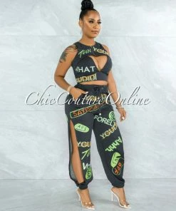 Vendor-unknown Brodie Grey Graffiti Print Crop Top And Jogger Slit Pants Set JUST IN