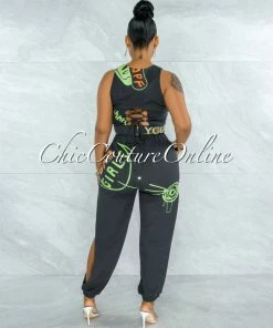 Vendor-unknown Brodie Grey Graffiti Print Crop Top And Jogger Slit Pants Set JUST IN
