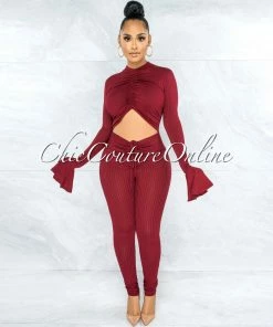 Vendor-unknown Selena Burgundy Ruched Cut-Out Ribbed Jumpsuit