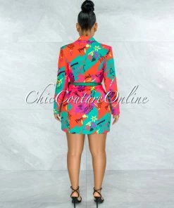 Vendor-unknown JUST IN Bromley Red Green Print Double Breast Fanny Pack Dress