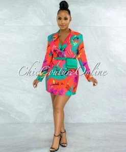 Vendor-unknown JUST IN Bromley Red Green Print Double Breast Fanny Pack Dress