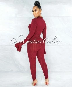 Vendor-unknown Selena Burgundy Ruched Cut-Out Ribbed Jumpsuit