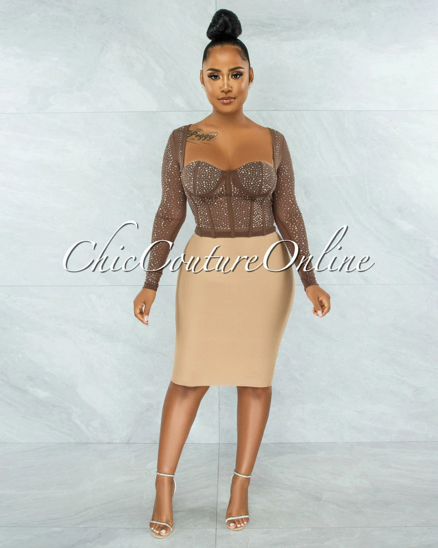 Vendor-unknown Ibrana Brown Rhinestones Mesh Crop Top JUST IN