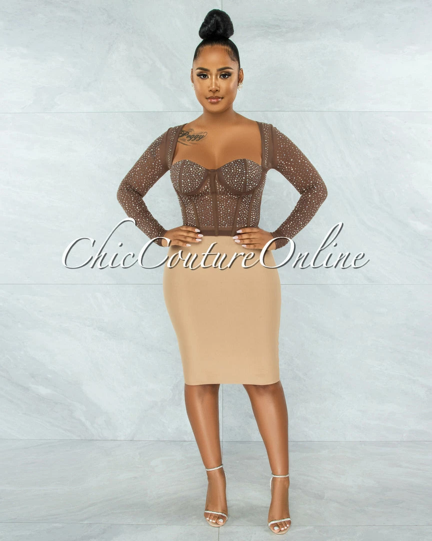 Vendor-unknown Ibrana Brown Rhinestones Mesh Crop Top JUST IN