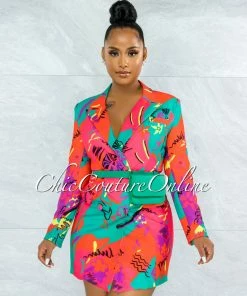 Vendor-unknown JUST IN Bromley Red Green Print Double Breast Fanny Pack Dress