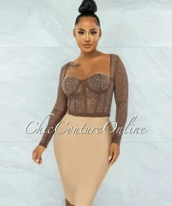 Vendor-unknown Ibrana Brown Rhinestones Mesh Crop Top JUST IN