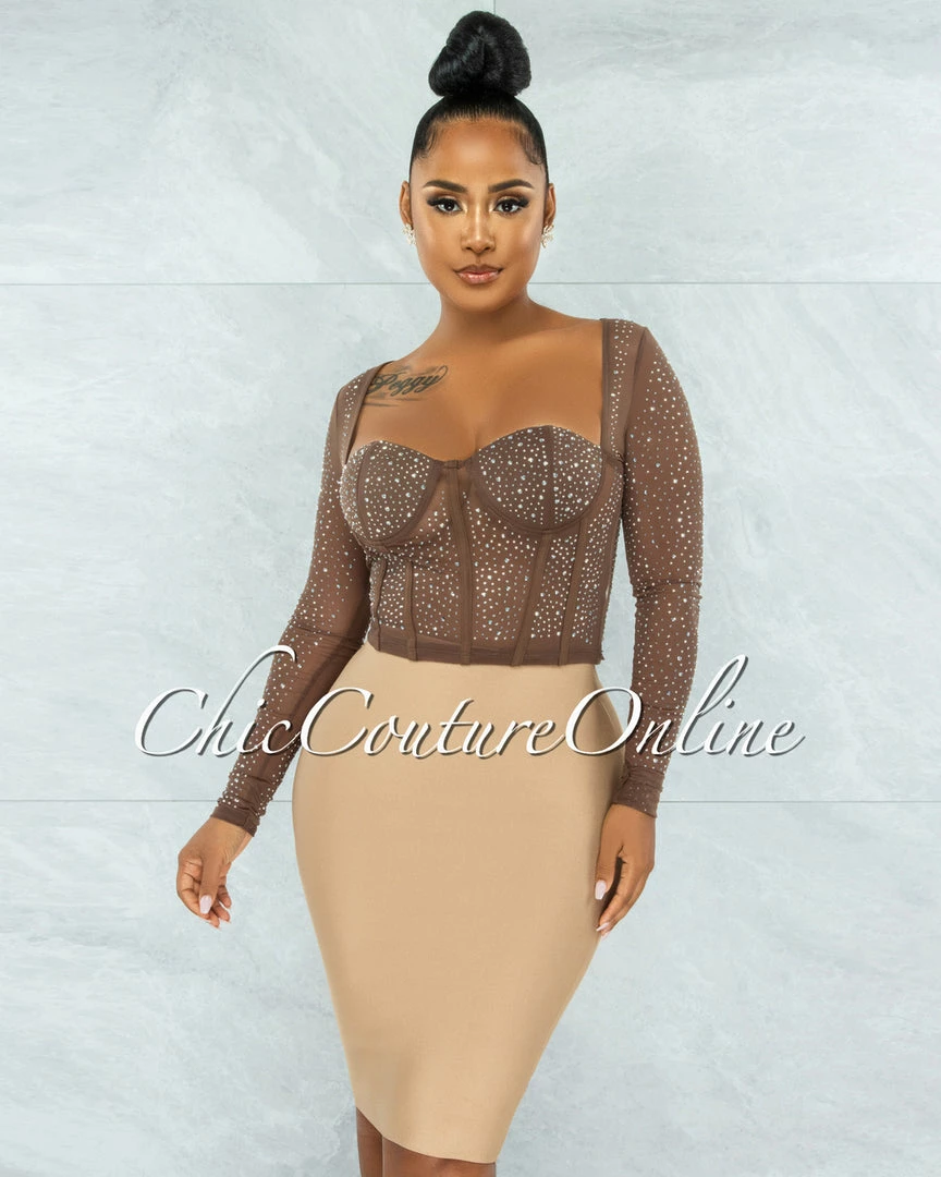 Vendor-unknown Ibrana Brown Rhinestones Mesh Crop Top JUST IN