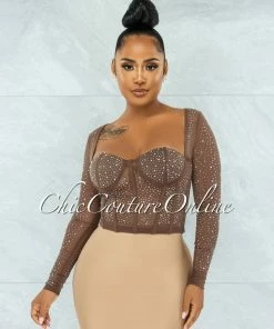 Vendor-unknown Ibrana Brown Rhinestones Mesh Crop Top JUST IN