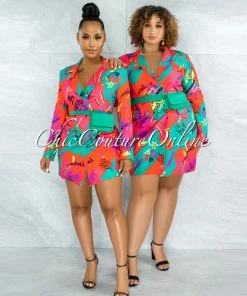 Vendor-unknown JUST IN Bromley Red Green Print Double Breast Fanny Pack Dress