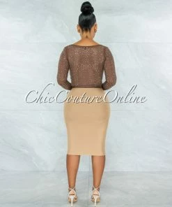 Vendor-unknown Ibrana Brown Rhinestones Mesh Crop Top JUST IN