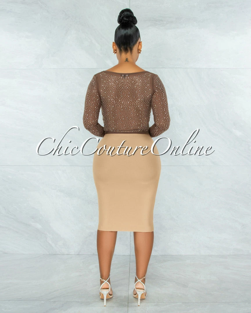 Vendor-unknown Ibrana Brown Rhinestones Mesh Crop Top JUST IN