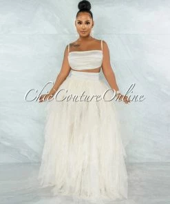 Vendor-unknown Bellissima Ivory Satin Drape Top & Tulle Ruffle Maxi Skirt Set