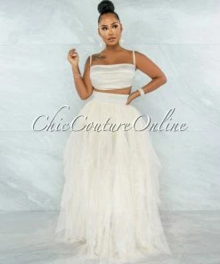 Vendor-unknown Bellissima Ivory Satin Drape Top & Tulle Ruffle Maxi Skirt Set