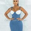 Vendor-unknown Clansey Medium Blue Denim White Cups Overall Illusion Dress