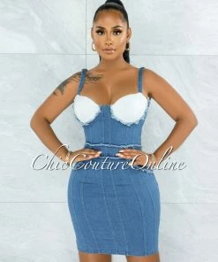 Vendor-unknown Clansey Medium Blue Denim White Cups Overall Illusion Dress