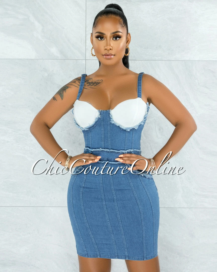 Vendor-unknown Clansey Medium Blue Denim White Cups Overall Illusion Dress