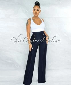 Vendor-unknown JUST IN Dorma Dark Denim Brown Buttons Palazzo Pants