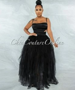 Vendor-unknown Bellissima Black Satin Drape Top & Tulle Ruffle Maxi Skirt Set