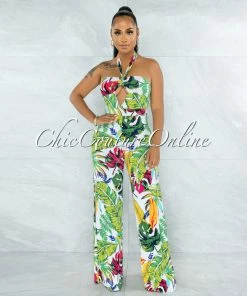 Vendor-unknown Harkin White Multi-Color Leaf Print Front Cut-Out Jumpsuit JUST IN
