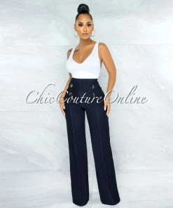 Vendor-unknown JUST IN Dorma Dark Denim Brown Buttons Palazzo Pants