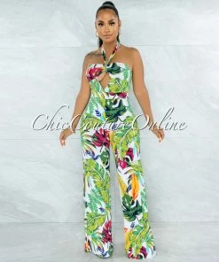Vendor-unknown Harkin White Multi-Color Leaf Print Front Cut-Out Jumpsuit JUST IN