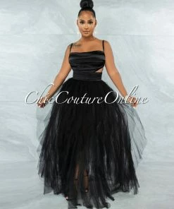 Vendor-unknown Bellissima Black Satin Drape Top & Tulle Ruffle Maxi Skirt Set
