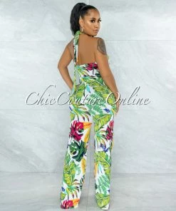 Vendor-unknown Harkin White Multi-Color Leaf Print Front Cut-Out Jumpsuit JUST IN