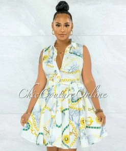 Vendor-unknown Ayman White Gold Shell Print Buttons Drape Shirt Dress JUST IN