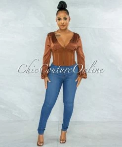 Vendor-unknown JUST IN Maina Brown Satin Suede Corset Style Top