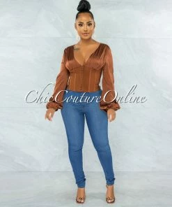 Vendor-unknown JUST IN Maina Brown Satin Suede Corset Style Top