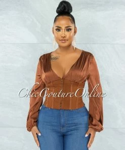 Vendor-unknown JUST IN Maina Brown Satin Suede Corset Style Top