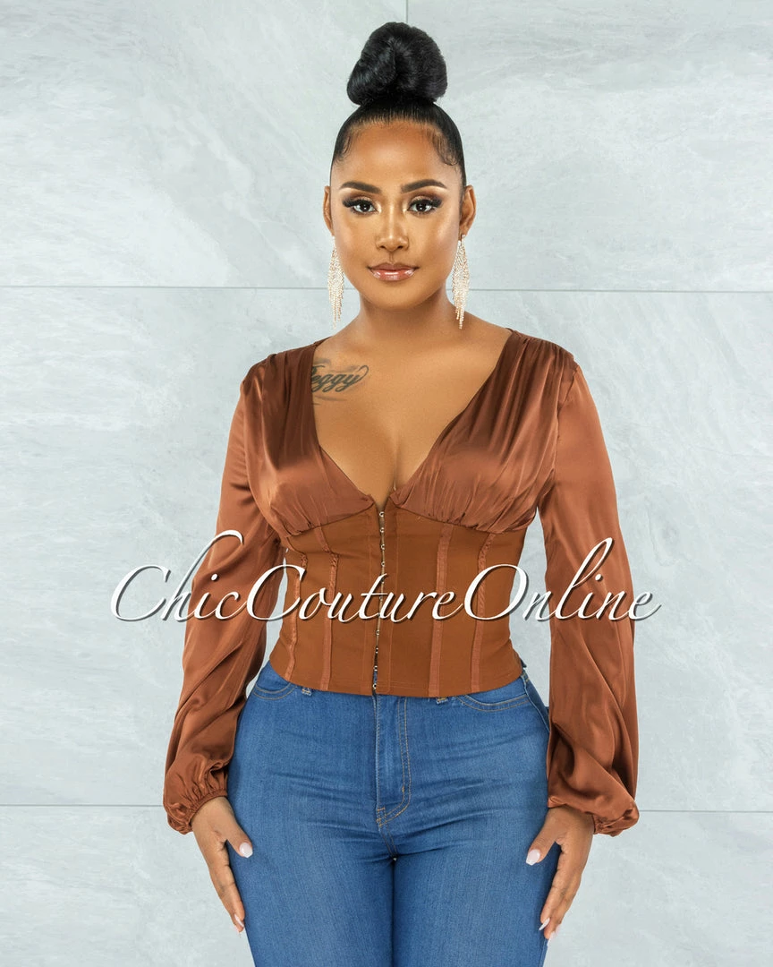 Vendor-unknown JUST IN Maina Brown Satin Suede Corset Style Top