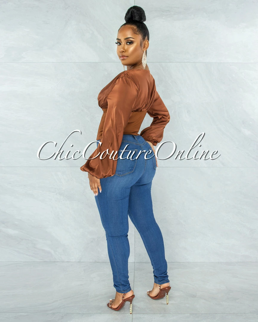 Vendor-unknown JUST IN Maina Brown Satin Suede Corset Style Top