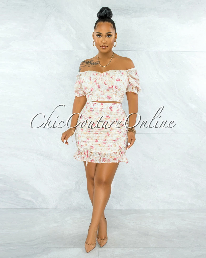 Vendor-unknown Dathan Nude Floral Print Eyelet Ruched Two Piece Set SETS