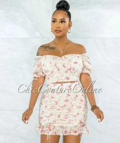 Vendor-unknown Dathan Nude Floral Print Eyelet Ruched Two Piece Set SETS