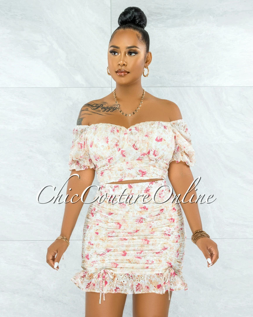 Vendor-unknown Dathan Nude Floral Print Eyelet Ruched Two Piece Set SETS