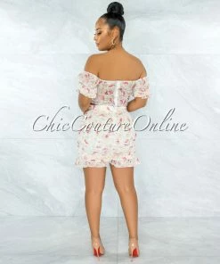 Vendor-unknown Dathan Nude Floral Print Eyelet Ruched Two Piece Set SETS