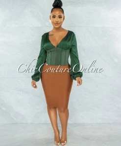 Vendor-unknown JUST IN Maina Hunter Green Satin Suede Corset Style Top