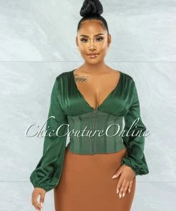 Vendor-unknown JUST IN Maina Hunter Green Satin Suede Corset Style Top