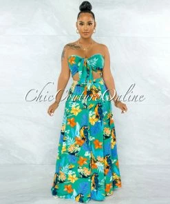 Vendor-unknown Zaidee Green Floral Print Crop Top & Maxi Skirt Set JUST IN
